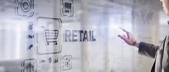 Retail concept marketing channels E-commerce Shopping automation on virtual screen