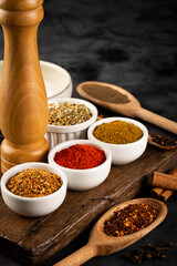 Variety of spices and seasonings on the table.