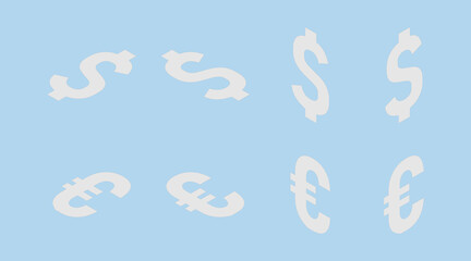 Isometric dollar and euro signs pointing in different directions. Vector 3d icon illustration.