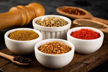 Variety of spices and seasonings on the table.
