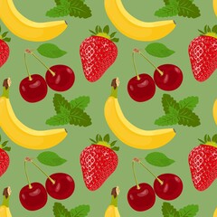 A set of useful ripe fruits on a green background. Juicy natural fruits and berries seamless pattern. Bright background of garden harvest. Banana, strawberry, mint and cherry pattern.