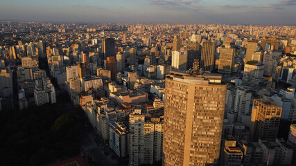 Aerial view of skyscrapers in Sao Paulo, near Republic square, Brazil, during sunset.