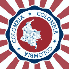 Colombia Badge. Round logo of the country with a triangular mesh map and radial rays. EPS10 Vector.