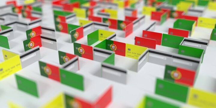 Fictional credit card maze with flag of Portugal. Financial difficulties related 3D rendering
