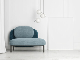 Mockup poster with storage bench in minimal interior design, 3d render, 3d illustration