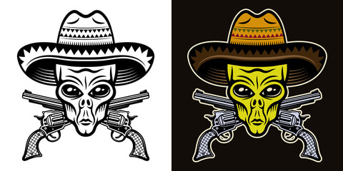 Alien head in sombrero and crossed guns vector illustration in two styles black on white and colorful on dark background