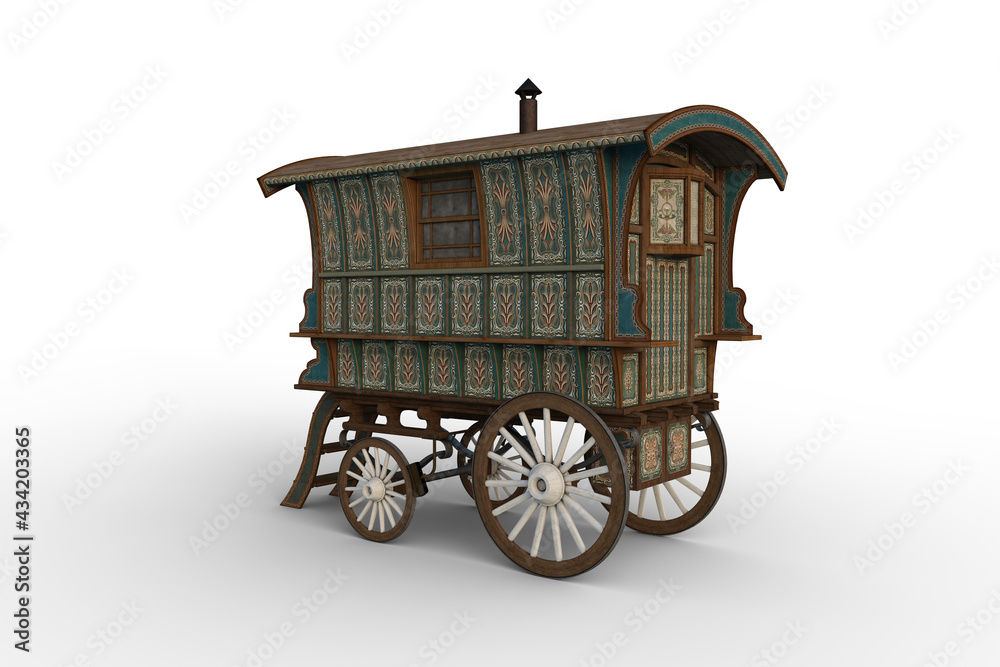 Poster rear coner view 3d rendering of a turquoise and green romany gypsy caravan isolated on white.