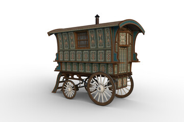 Rear coner view 3D rendering of a turquoise and green Romany gypsy caravan isolated on white. - obrazy, fototapety, plakaty