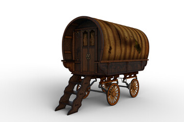 3D rendering of an old worn brown Romany gypsy caravan isolated on white. - obrazy, fototapety, plakaty