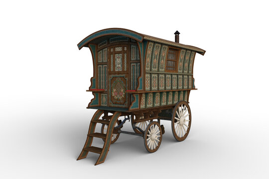 3D rendering of a vintage Romany gypsy caravan decorated with turquoise and green flowers isolated on white.