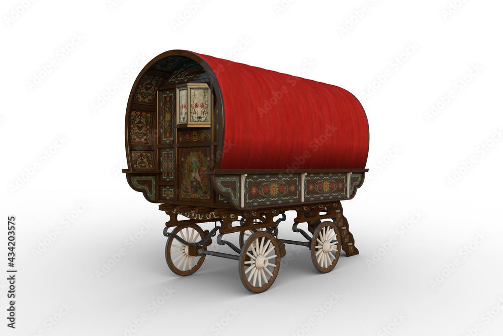 Poster Rear view 3D rendering of a traditional red roofed Romany gypsy caravan isolated on white.