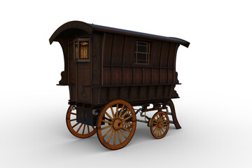 Rear view 3D rendering of a vintage wooden Romany gypsy caravan isolated on white. - obrazy, fototapety, plakaty
