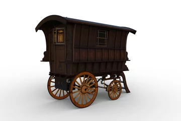 Poster Rear view 3D rendering of a vintage wooden Romany gypsy caravan isolated on white. © IG Digital Arts