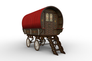 3D rendering of a traditional Romany gypsy caravan with red roof isolated on white. - obrazy, fototapety, plakaty