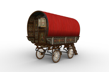 Rear view 3D rendering of a traditional red roofed Romany gypsy caravan isolated on white. - obrazy, fototapety, plakaty