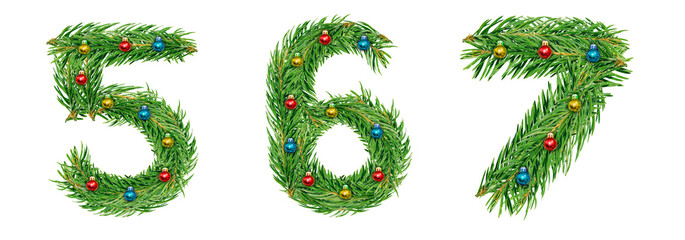Numbers 5, 6, 7 made from made from spruce branches for the New Year
