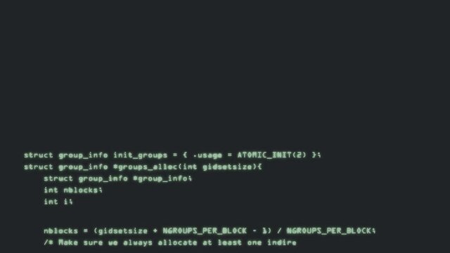 Programming code running down a computer screen terminal. Computer program code, 4K