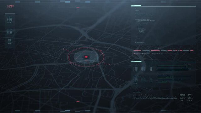 Futuristic security spy program interface. Dynamic modern HUD. GPS location tracking or scanning software. Red marker, indicator moving on map. Satellite view. Hi-tech. 3D Render 4K animation concept