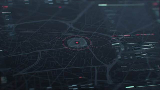 Security spy program interface. Dynamic modern HUD. GPS location tracking or scanning futuristic software. Marker, indicator moving on the map. Satellite view. Hi-tech. 3D Render 4K animation concept
