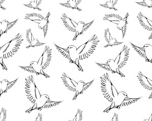 seamless pattern with birds drawn by one line, simple and laconic background in the style of minimalism, with feathered animals, abstract, stylized vector graphics
