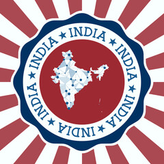 India badge. Round logo of country with triangular mesh map and radial rays. EPS10 Vector.