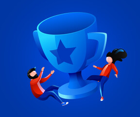 People fly around trophy cup. Victory, success and leadership concept.