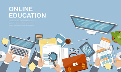Concept illustration of online courses, distance studying, self education, digital library. E-learning banner. Online education. Vector illustration in flat style
