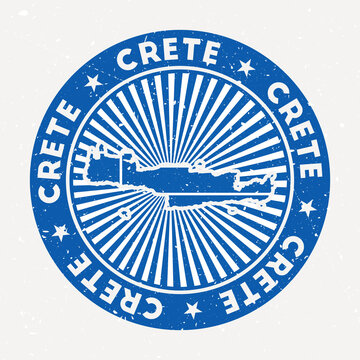 Crete round stamp. Logo of island with flag. Vintage badge with circular text and stars, vector illustration.