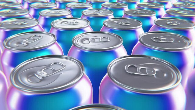 Realistic looping 3D animation of the iridescent aluminum drink cans rendered in UHD