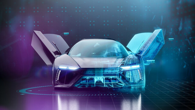 Futuristic car with wireframe intersection and doors opened in digital user interface environment (3D Illustration)