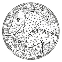 Elephant. Zen art. Detailed hand drawn mandala with abstract patterns on isolation background. Design for spiritual relaxation for adults. Black and white illustration for coloring. Design Zentangle