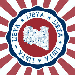 Libya Badge. Round logo of country with triangular mesh map and radial rays. EPS10 Vector.