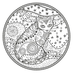 Mandala with cats. Zentangle. Hand drawn cat with abstract patterns on isolation background. Design for spiritual relaxation for adults. Black and white illustration for coloring. Outline for t-shirts