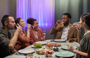 Diverse group of yung people enjoying food and drinkisduring dinner party with friends