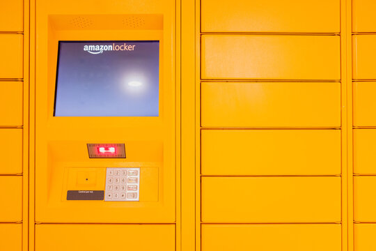 Valencia, Spain - April 16, 2021: Amazon locker in a Spanish shopping center.
