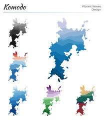 Set of vector maps of Komodo. Vibrant waves design. Bright map of the island in geometric smooth curves style. Multicolored Komodo map for your design. Charming vector illustration.