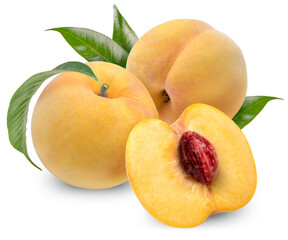 Fresh Golden Peach fruits with leaf on white background, Honey Yellow Peach isolated on white background With clipping path.