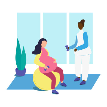 Pregnant Character On Fitball And Dumbbell With Assistant On Whitre Background. Pregnant Fitness Couple Exercising In The Gym Or Yoga Class. Vector Illustration In Cartoon Style. Professional Doula Gu