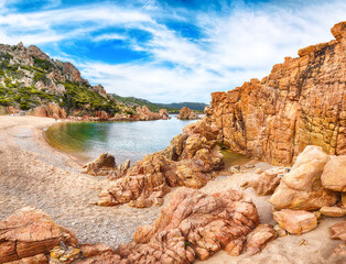 Breathtaking view of Li Cossi beach on Costa Paradiso resort.