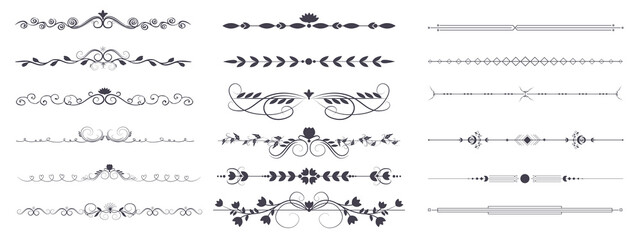Divider ornament is a large collection set. Hand-drawn vector line dividers decorated with flowers and leaves. Decorations for greeting cards and posters. Vector illustration, isolated set