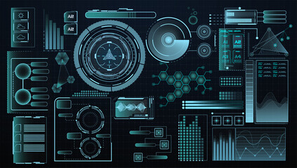 Head-up (HUD) display elements for the web and app. Futuristic user interface. Template UI, GUI, FUI, vfx for app and virtual reality. Cybernetic machine, mechanism. Tech and science, analysis theme.