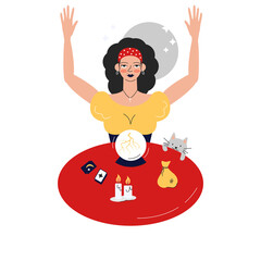 Pretty gypsy young woman seeing and predicting future. Female fortune teller with tarot cards, crystal ball, cat, pouch and candles. Mystic woman oracle with arms up. Vector flat illustration isolated - obrazy, fototapety, plakaty