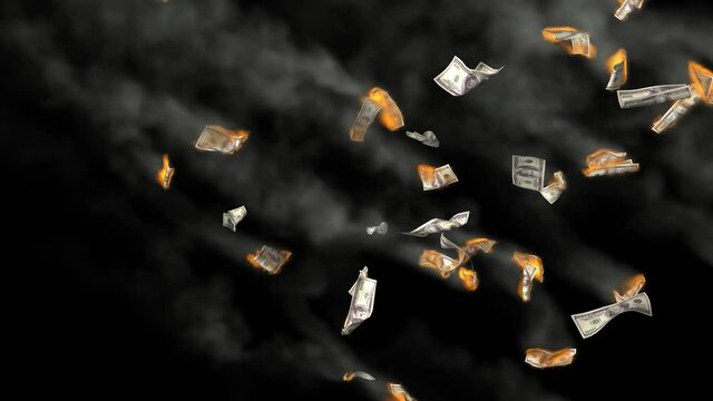 Burning Falling fantasy paper money. Animation about finance crisis, inflation and etc.