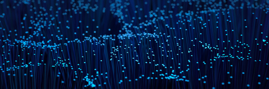 Fiber Optic Cable technology background in blue with selective focus. Web banner format.