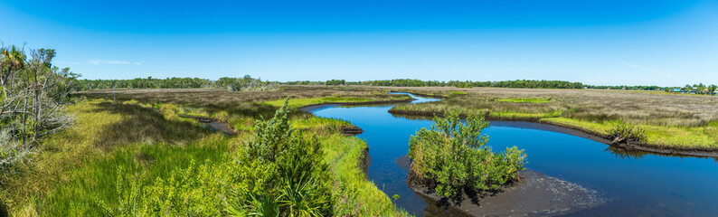Fototapeta na wymiar Panorama from Lastinger Tower at the end of the Chassahowitzka Salt Marsh Trail, Crystal River Wildlife Refuge - Homosassa, Florida, USA