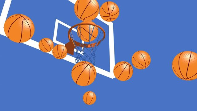 3d animation of basketballs that go up to the basket and some score. Graphic representation with bright colors on a blue background. View from below.