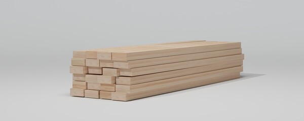 3D rendering. Wood beams, wooden plank isolated on white background. Construction material.