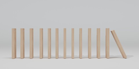 Domino wooden pieces, the first one starts, Isolated on white background. 3D illustration, 3D rendering.