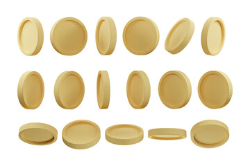 Fototapeta na wymiar Set of golden coin in different shape isolated on white background. 3d illustration. 3d rendering