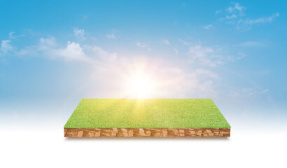 Soil cubic cross section with green grass field over blue sky background. - Powered by Adobe